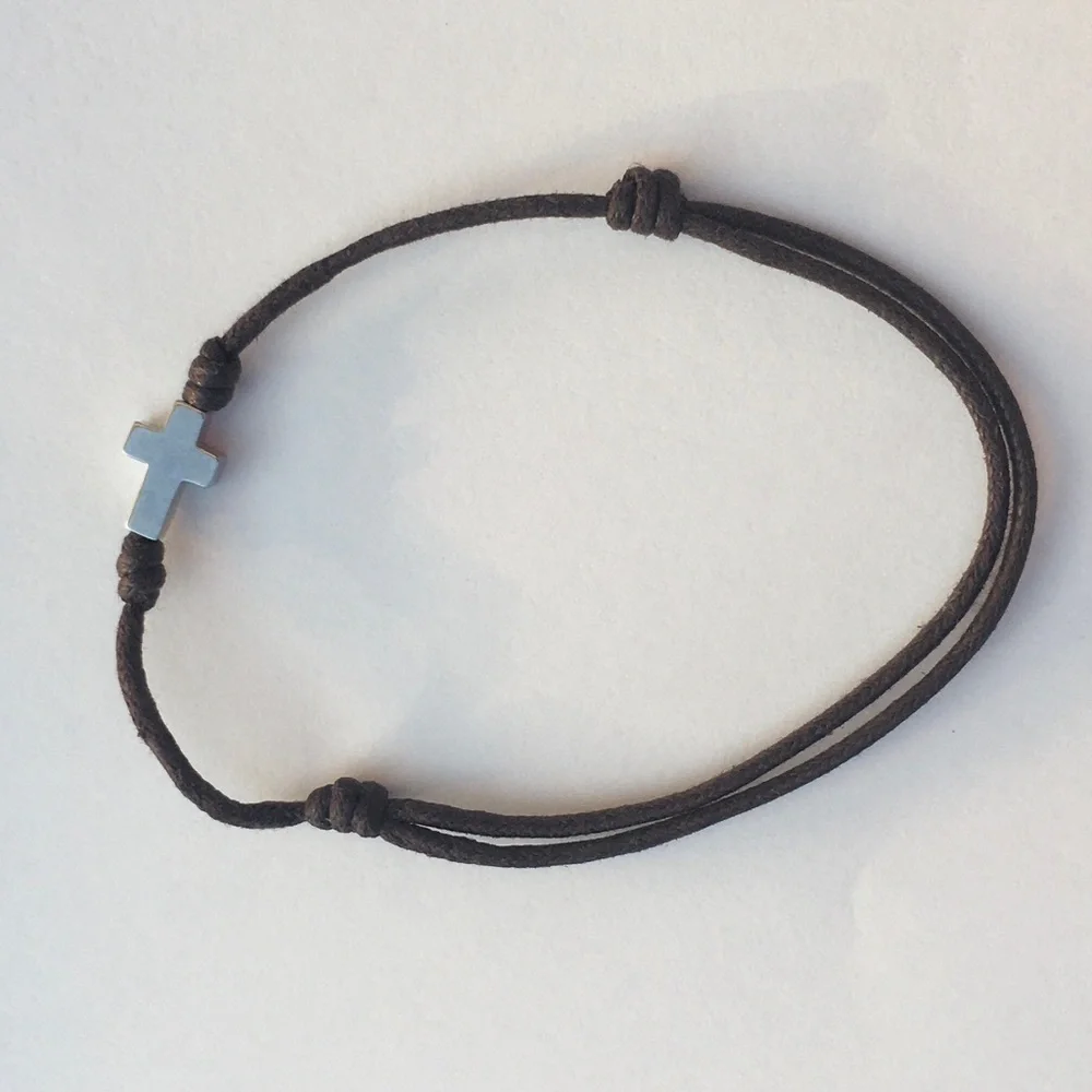 TOUS Brown Cord Bracelet with Stainless Steel Silver Cross Charm, Men Accessory